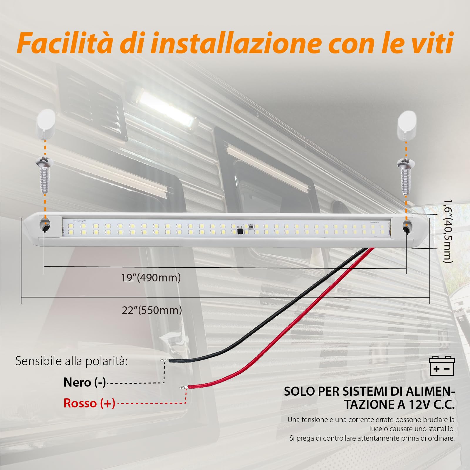 Tubo a LED Veranda 12V Lampada Camper Esterno IP66 Alluminio 550MM