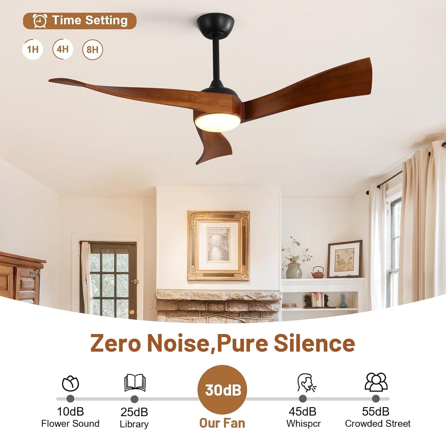 CACI Mall 52 Inch Wood Ceiling Fans with Lights, Solid, 3 Blades Indoor/Outdoor Ceiling Fan with Light and Remote, Dimmable, Quite, 3 Downrods for Patios Porch Farmhouse