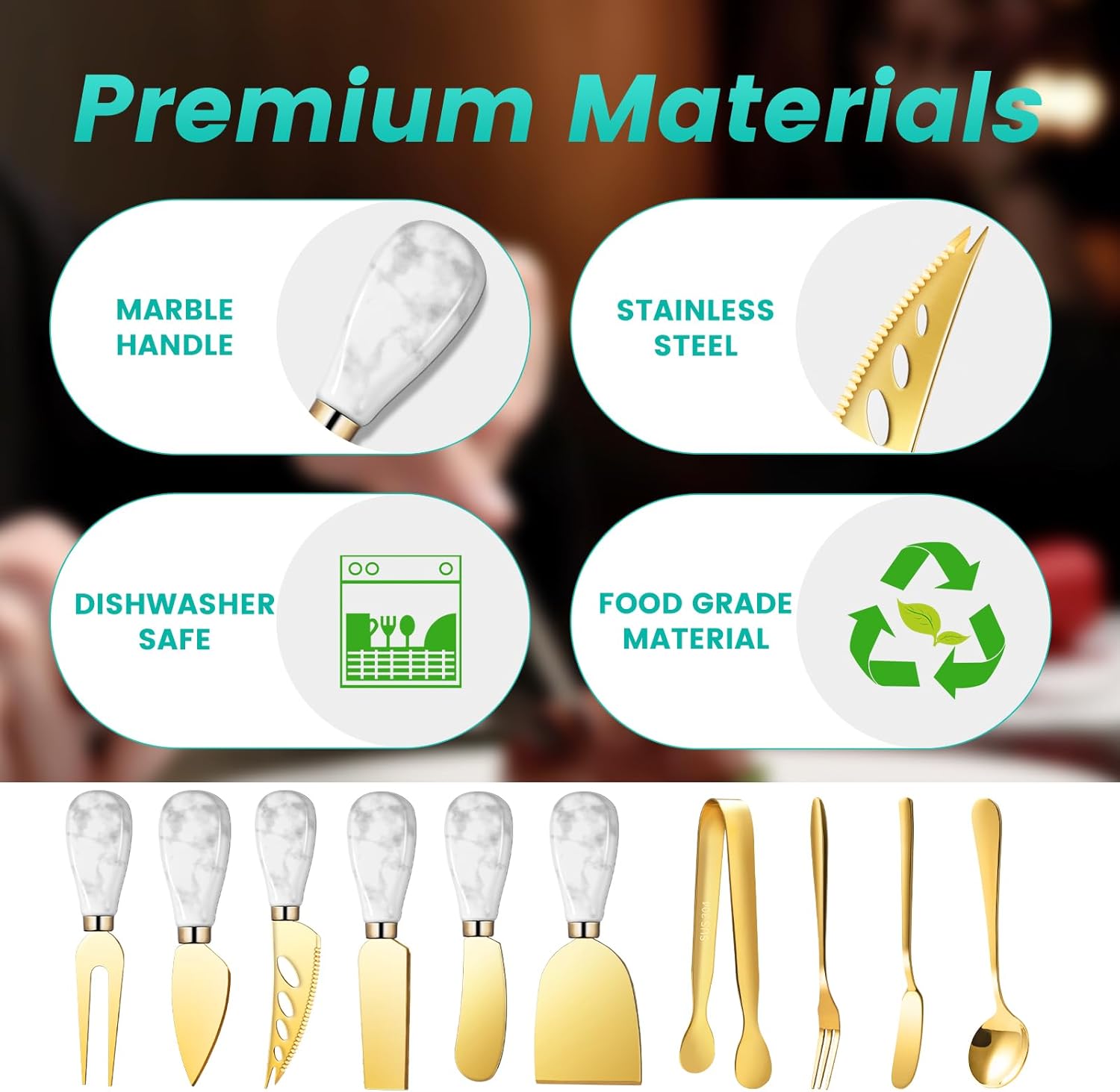 Marble Gold Cheese Knife Set, Ceramic Handle Charcuterie Board Accessories - Butter Spreader, Cheese Slicer, Serving Tongs, Spoons, Forks, Flags, Wooden Honey Dipper