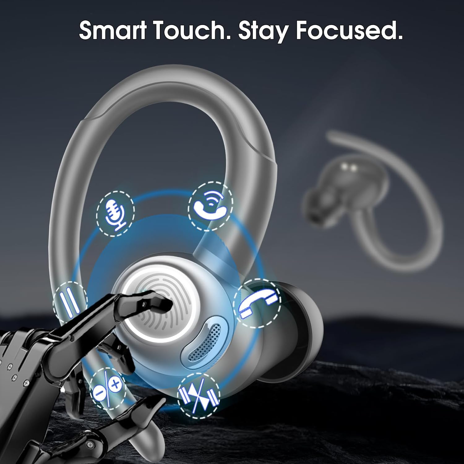 Csasan Auriculares inalámbricos Deportivos, Cascos Sonido Premium Gris | 48H Bluetooth 5.3 Auriculares con HD Micrófono y Pantalla LED, Diseño de Gancho de Aire, iOS Android para Deportes/Fitness