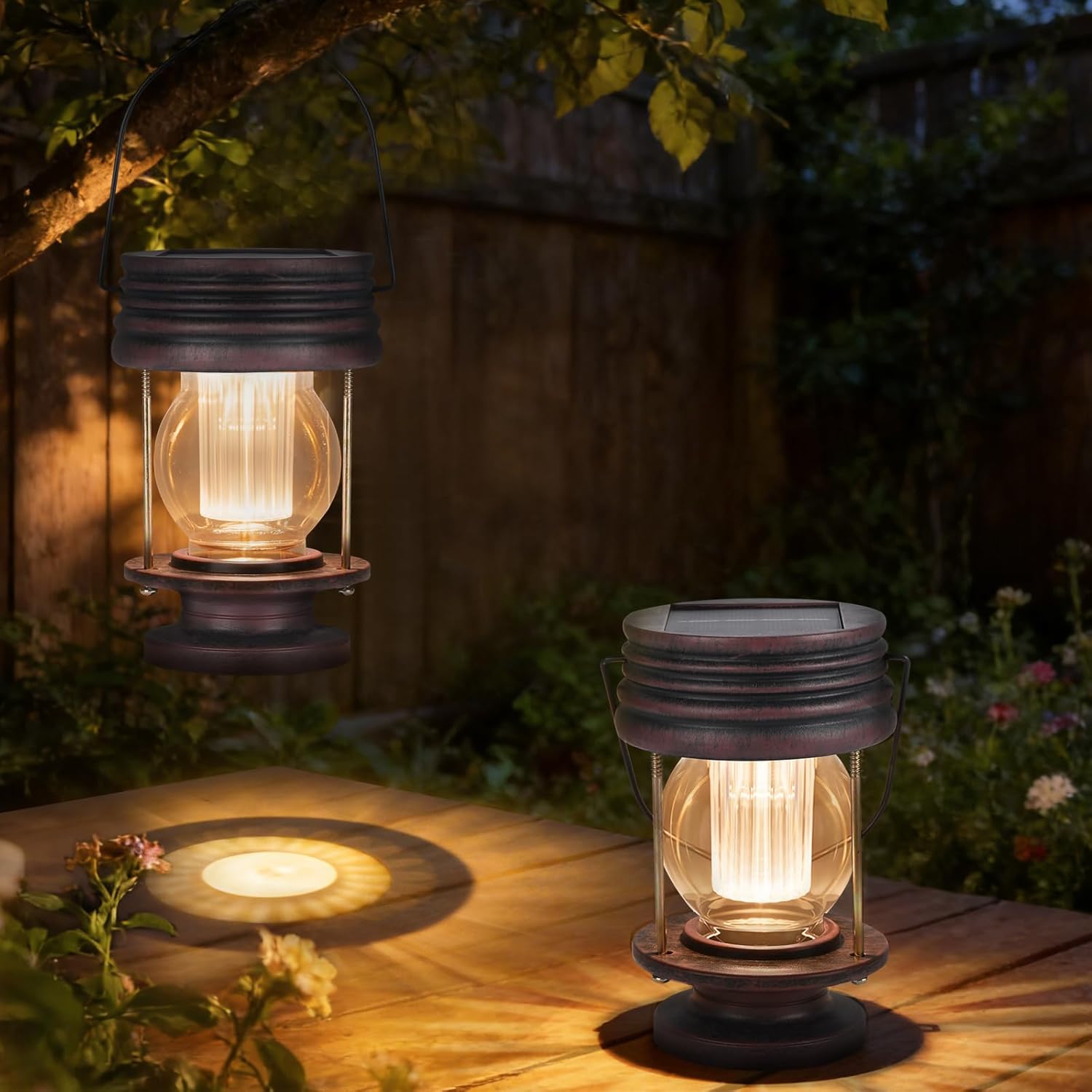 Solar Lanterns Outdoor Waterproof Hanging Lights, Upgraded Dual Solar & USB Charging, Adjustable Light Sensor, Solar Powered Decorative Table Lamp, Vintage Rustic Indoor Outdoor Garden Patio Yard Gift