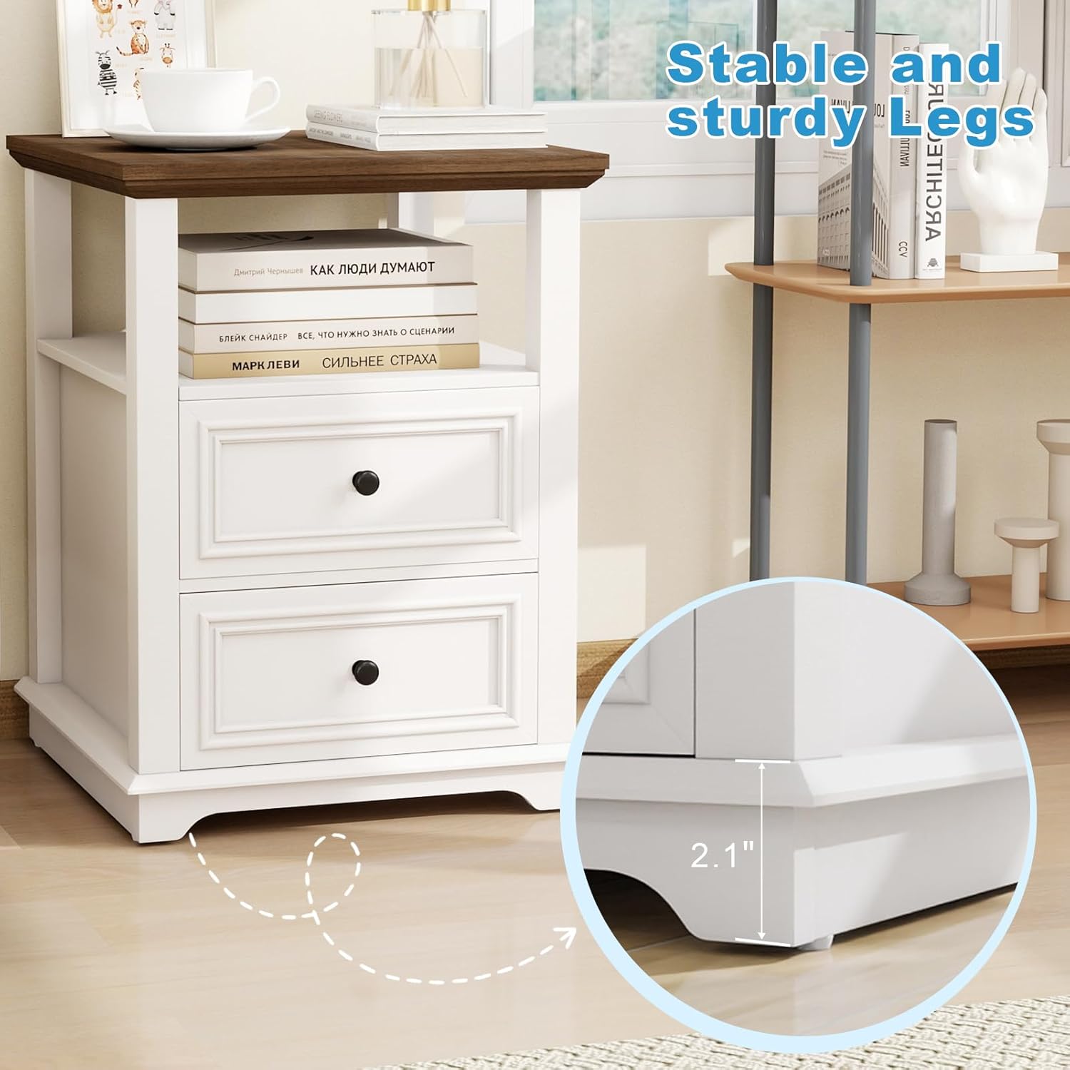 Vipbear Farmhouse Nightstand 18" White End Table with Charging Station & 2 Drawers, Rustic Bedside Table with Storage Shelf for Bedroom, Living Room,18.1" D x 18.1" W x 24.2" H, Set of 2