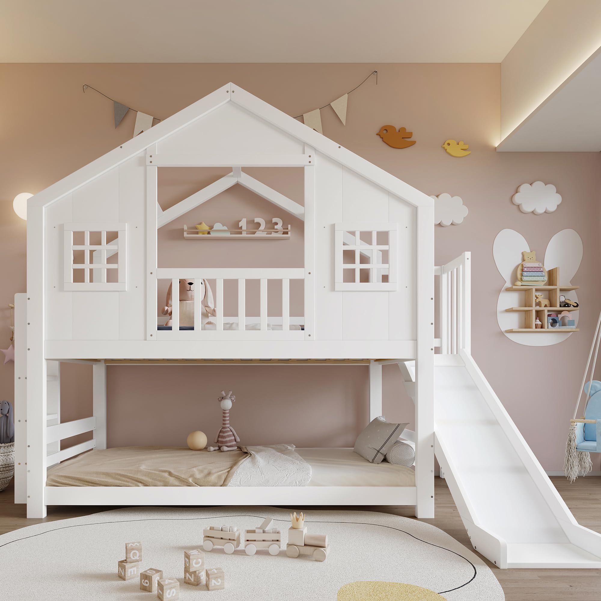 Etagenbett mit Kinderrutsche, Kinderbett, Exquisites Fenster- und Dachdesign, Stabiler Lattenrost und Stufen, Kiefer + MDF+Sperrholz, Weiß, 90x200cm
