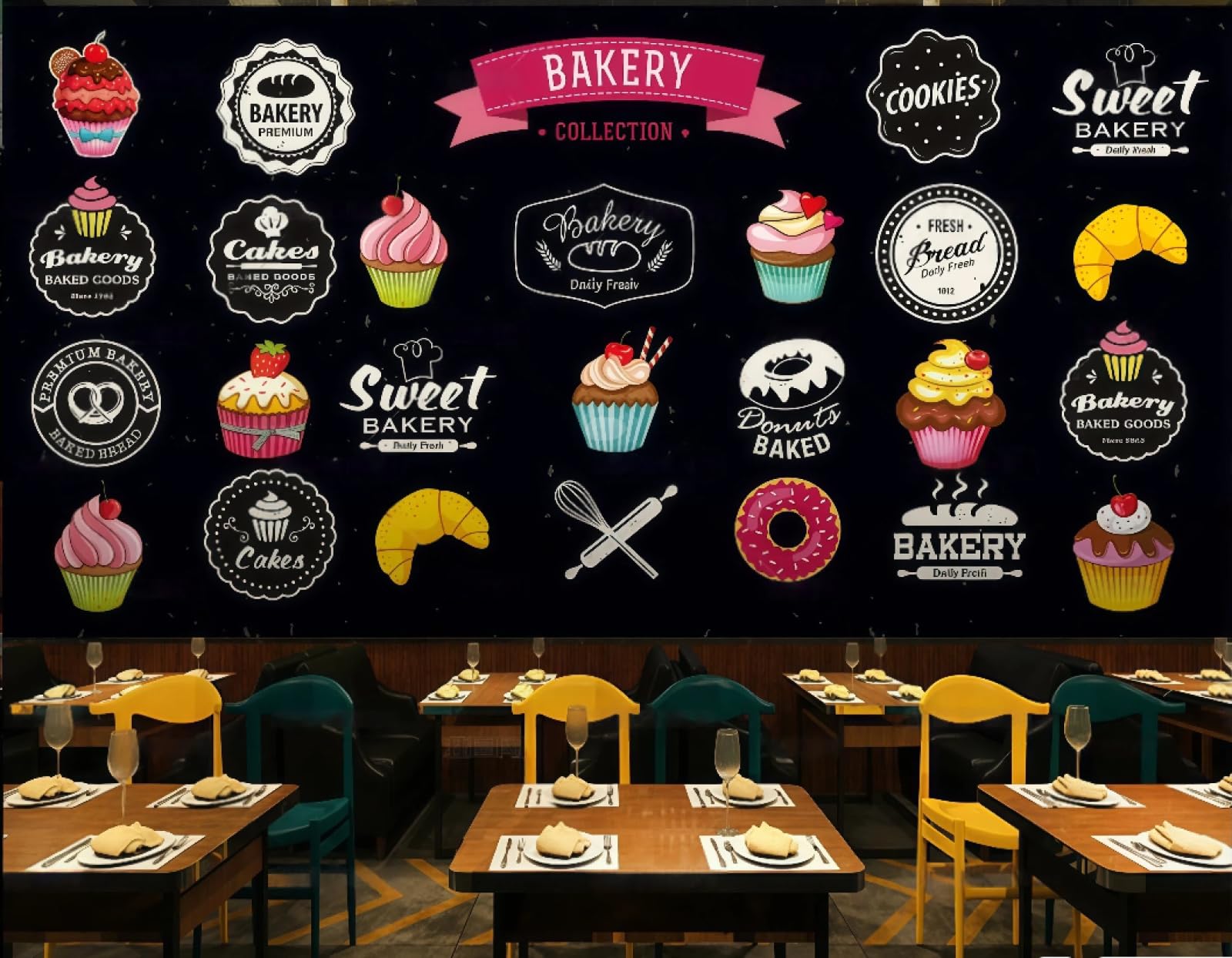 XDOUBAO Wallpaper Blackboard Hand-Painted Color Graffiti Simple Fast Food Dessert Shop Afternoon Tea Coffee Shop Background Mural Western Restaurant Wallpaper,3D,300x210cm