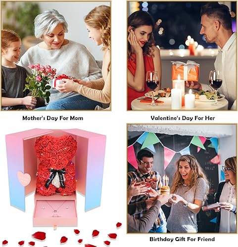 Miniatura 4 de Vignor Juego de caja de regalo con diseño de oso de rosas artificiales para ella, novia, mujer, esposa, propuesta, aniversario, Navidad, San