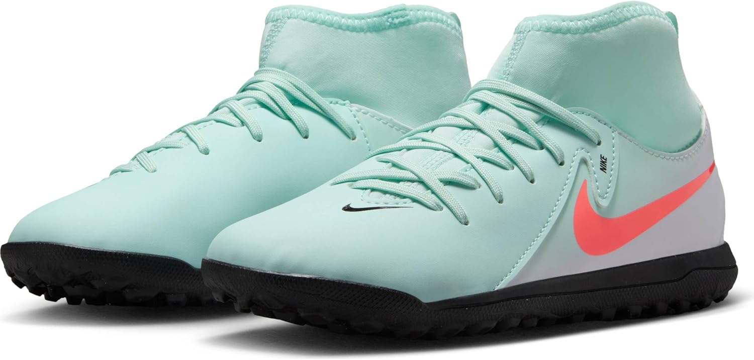 Nike Jr. Phantom Luna 2 Club Little/Big Kids' TF High-Top Soccer Shoes (FJ2607-300, Mint/Off Noir/Atomic Red) Size 1.5