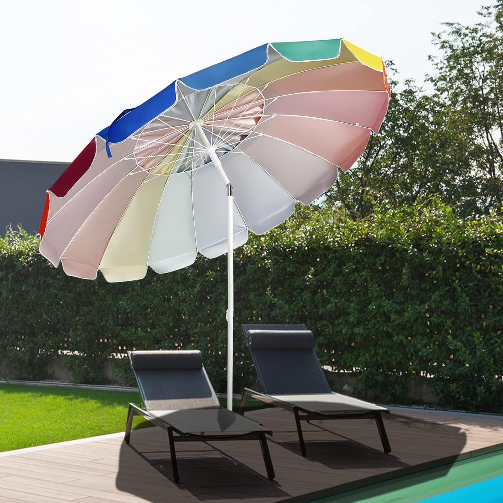 GOPLUS Sombrilla Playa Grande con 16 Varillas(Arcoíris, φ245 cm) | Parasol Terraza Exterior con Protección UV, Ventilación, Antiviento, UPF50, Sombrilla Inclinable para Piscina