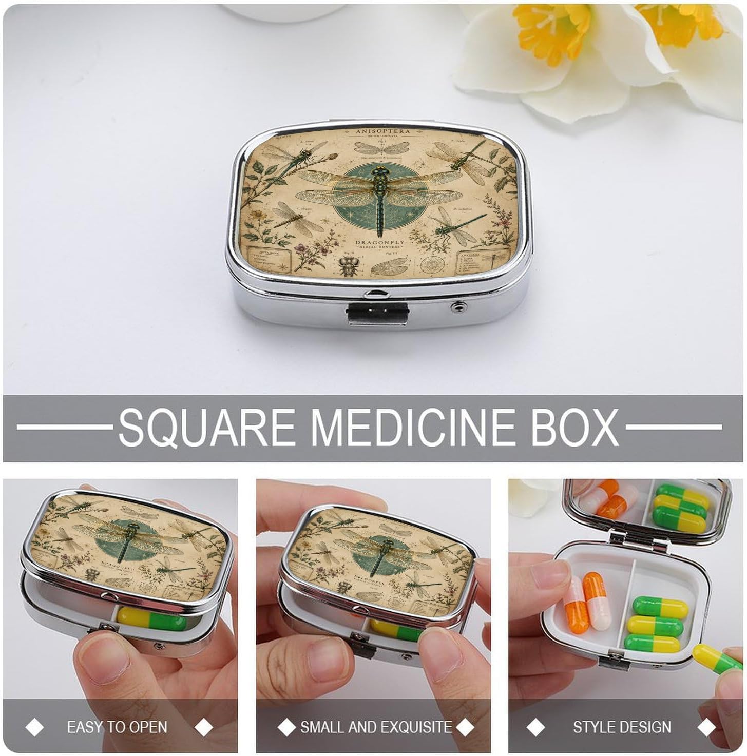 Metal Pill Box, 2 Compartment Compact Travel Case(Dragonfly) image 4