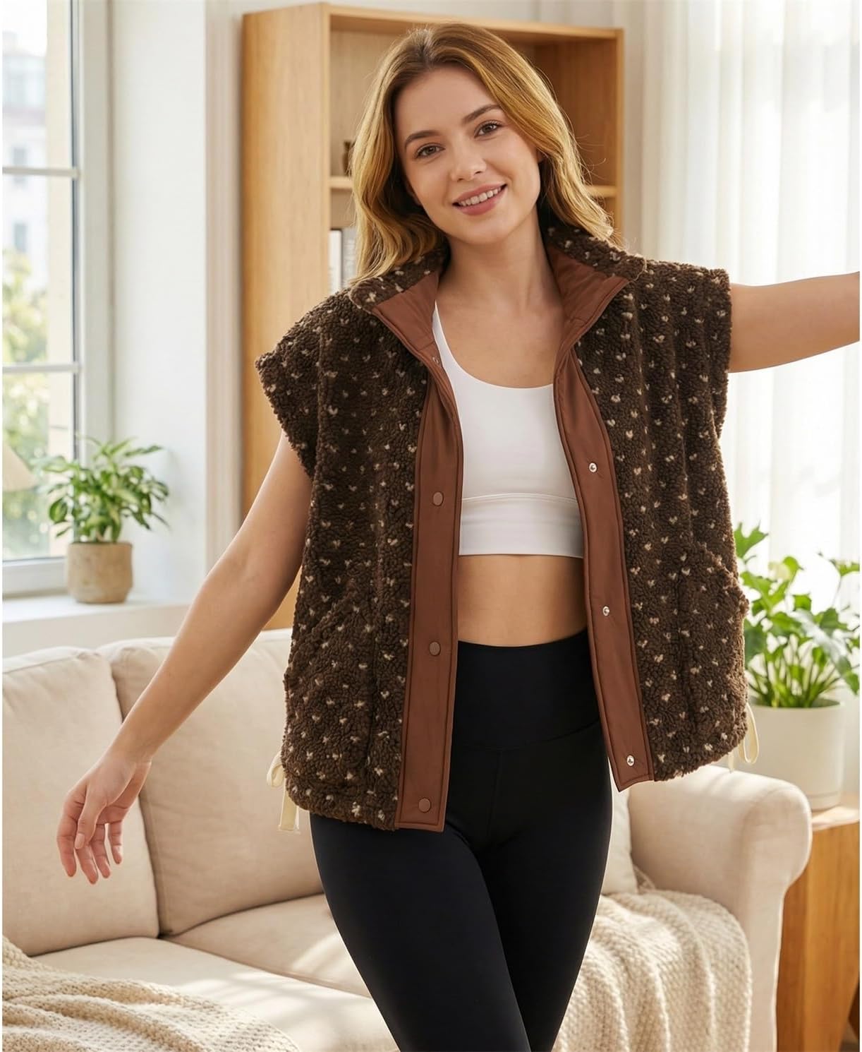 Womens Sherpa Vest Polka Dot Fleece Vests Button Up Cap Sleeve Coats Casual Oversized Warm Winter Outwear