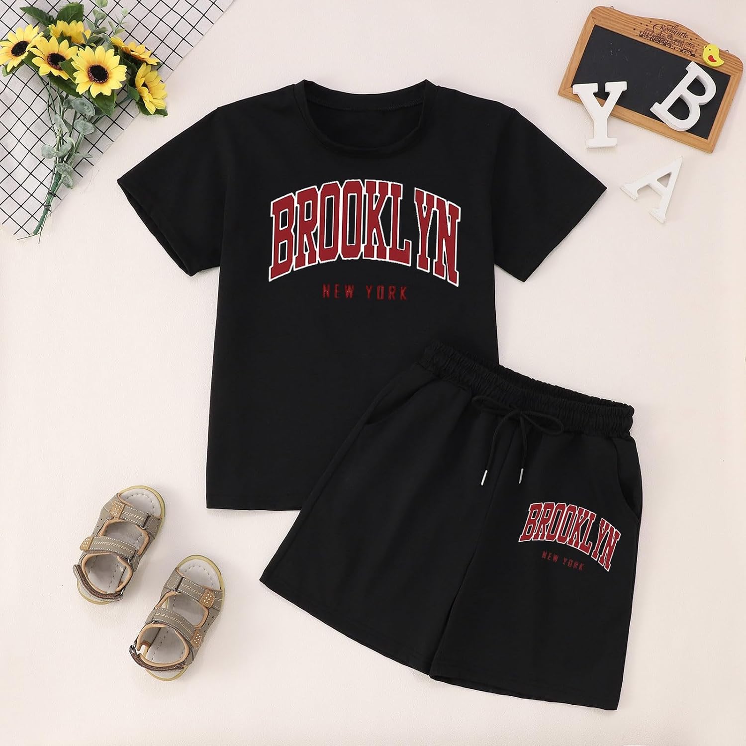 Teen Girls 2 Piece Outfits Letter Printed Short Sleeve Tee Shirt & High Waist Shorts Set Summer Fashion Streetwear