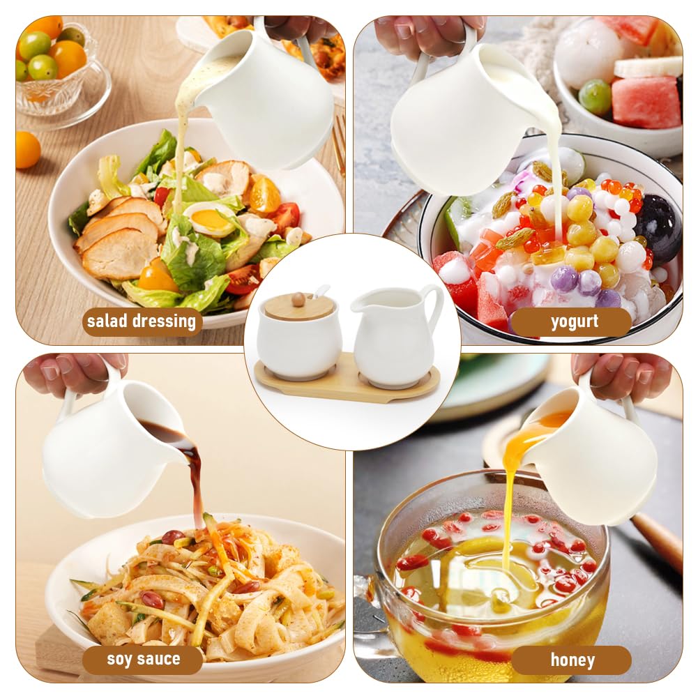 Yuragim Set di latte e zucchero con coperchio e cucchiaio, 5 pezzi, in ceramica, con vassoio in legno, per latte e zucchero, per cucina, caffè, microonde e lavastoviglie (bianco)