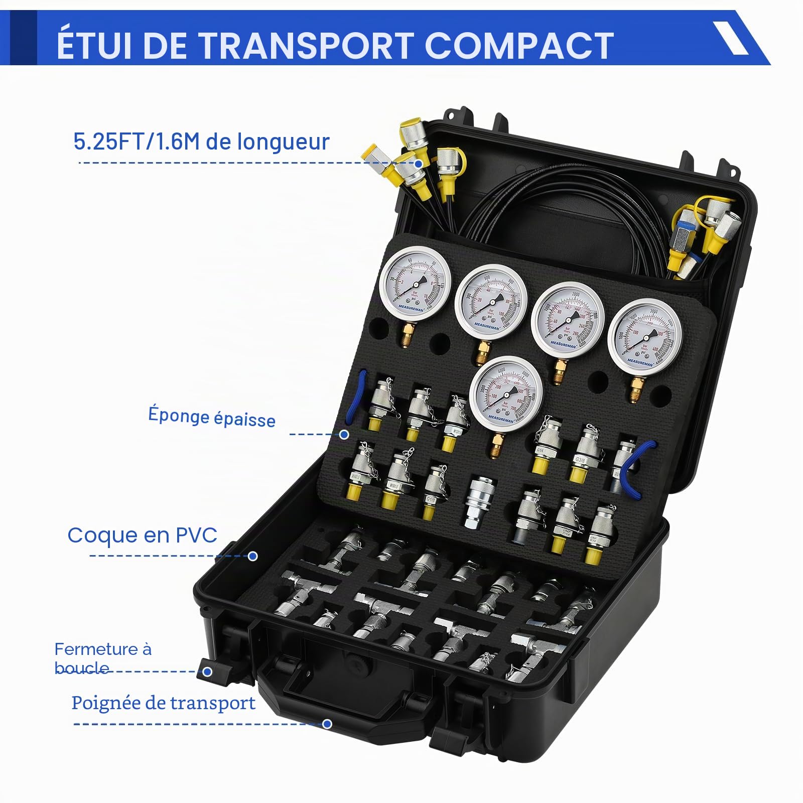 Kit D'Essai De Pression Hydraulique Avec 5 Manomètres (10/100/280/400/600 Bar), 12 Raccords D'Essai, 14 Connecteurs En T, 5 Flexibles D'Essai, Pour Pelles Mécaniques Et Engins De Construction