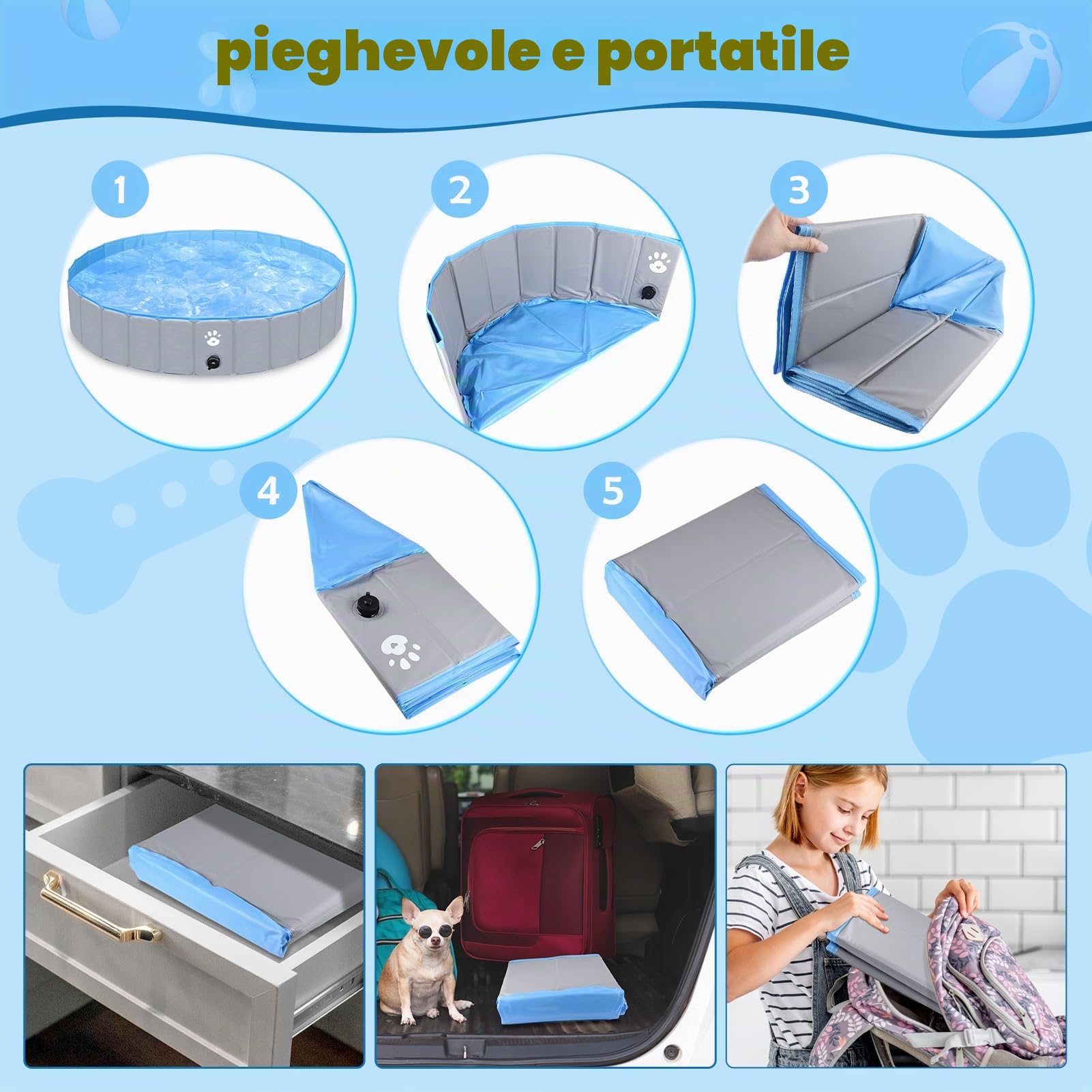 Gindoly piscina per cani Pieghevole,piscina per cani grandi&piccola,piscina per bambini da esterno,PVC robusto e resistente, antiscivolo,Rotondo, Grigio-140 * 30cm