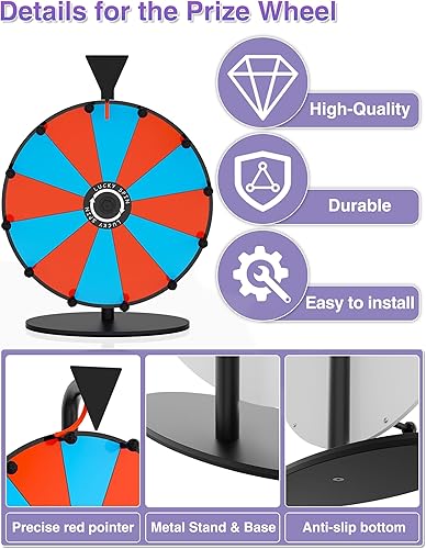 Miniatura 10 de Rueda de premio de 16 pulgadas - Rueda giratoria con trípode plegable soporte de piso de altura ajustable rueda de rifa de 12 ranuras de color con 2
