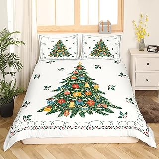 Christmas Tree Duvet Cover Set Queen Size Colorful Gifts Bells Decor Pine Bedding Set 3pcs Geometric Plants Stripes Comforter Cover for Kids Teens Adults Home Room,White Quilt Cover,2 Pillowcases