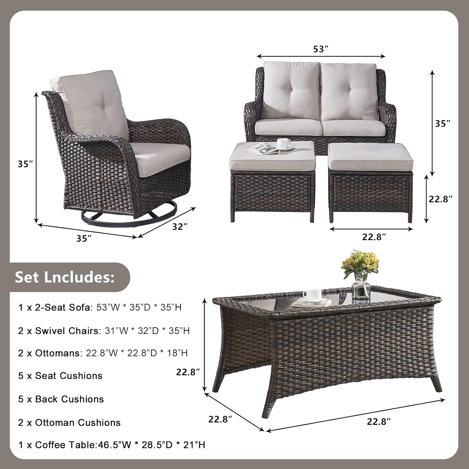 Rilyson 6 Piece Outdoor Patio Furniture Set - Rattan Wicker Patio Conversation Sets with 2 Swivel Rocker Chairs,2 Ottomans,1 Loveseat and 1 Coffee Table for Outside Porch Deck Backyard(Brown/Beige)
