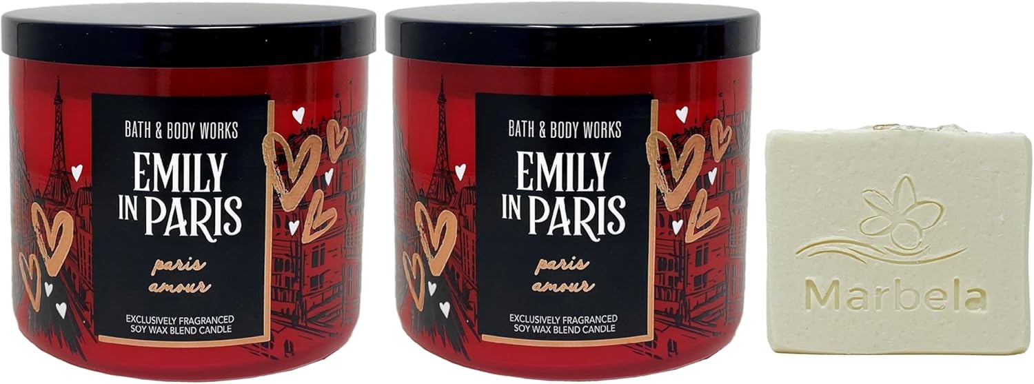 Bath & Body Works Emily in Paris - Paris Amour 2 Piece 3-Wick Scented Candle Set with a Natural Oats Bar Soap
