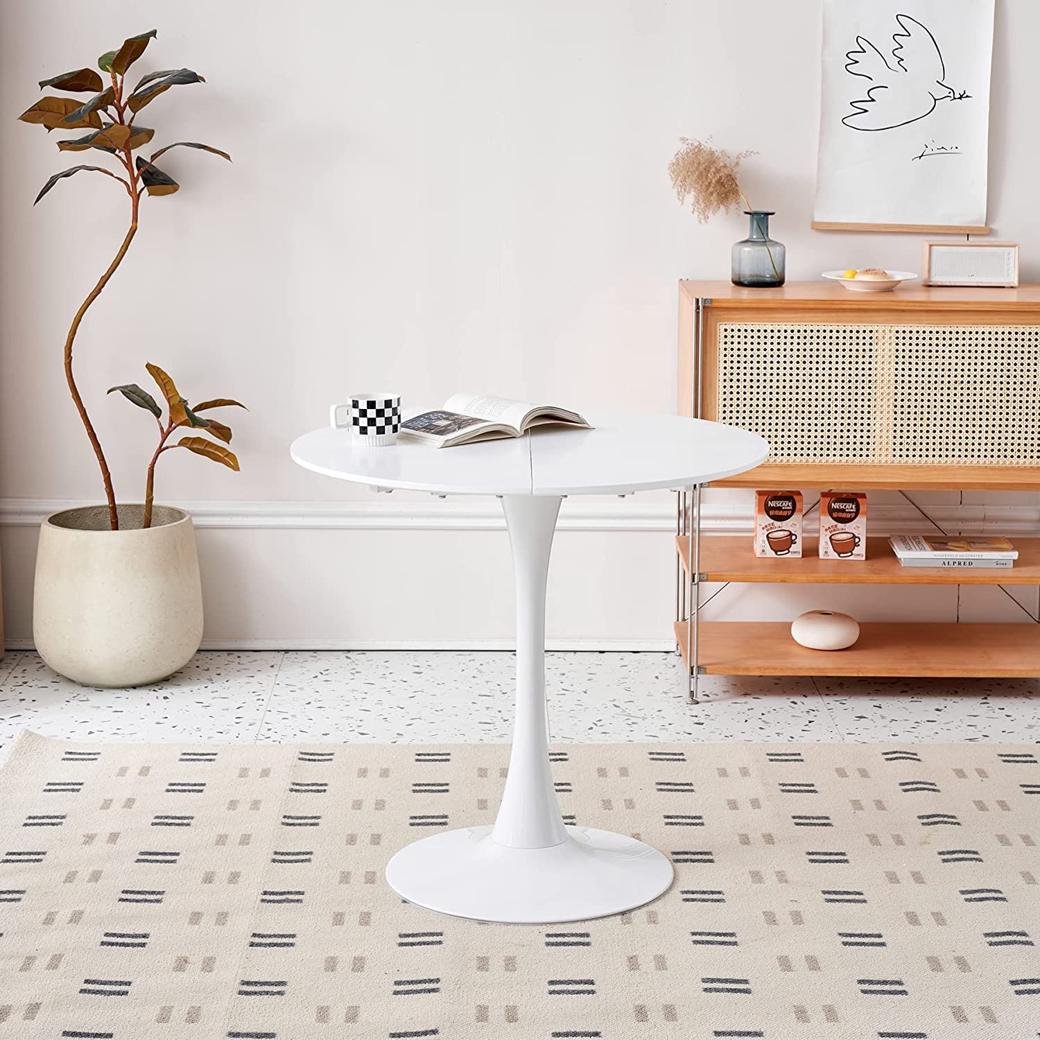 GrandCA HOME Set da Sala da Pranzo con Tavolo da Pranzo e 4 Sedie da Pranzo, Set Tavolo da Pranzo Rotondo 1 MDF Bianco + 4 Sedie da Pranzo Cachi, per Sala Riunioni in Cucina