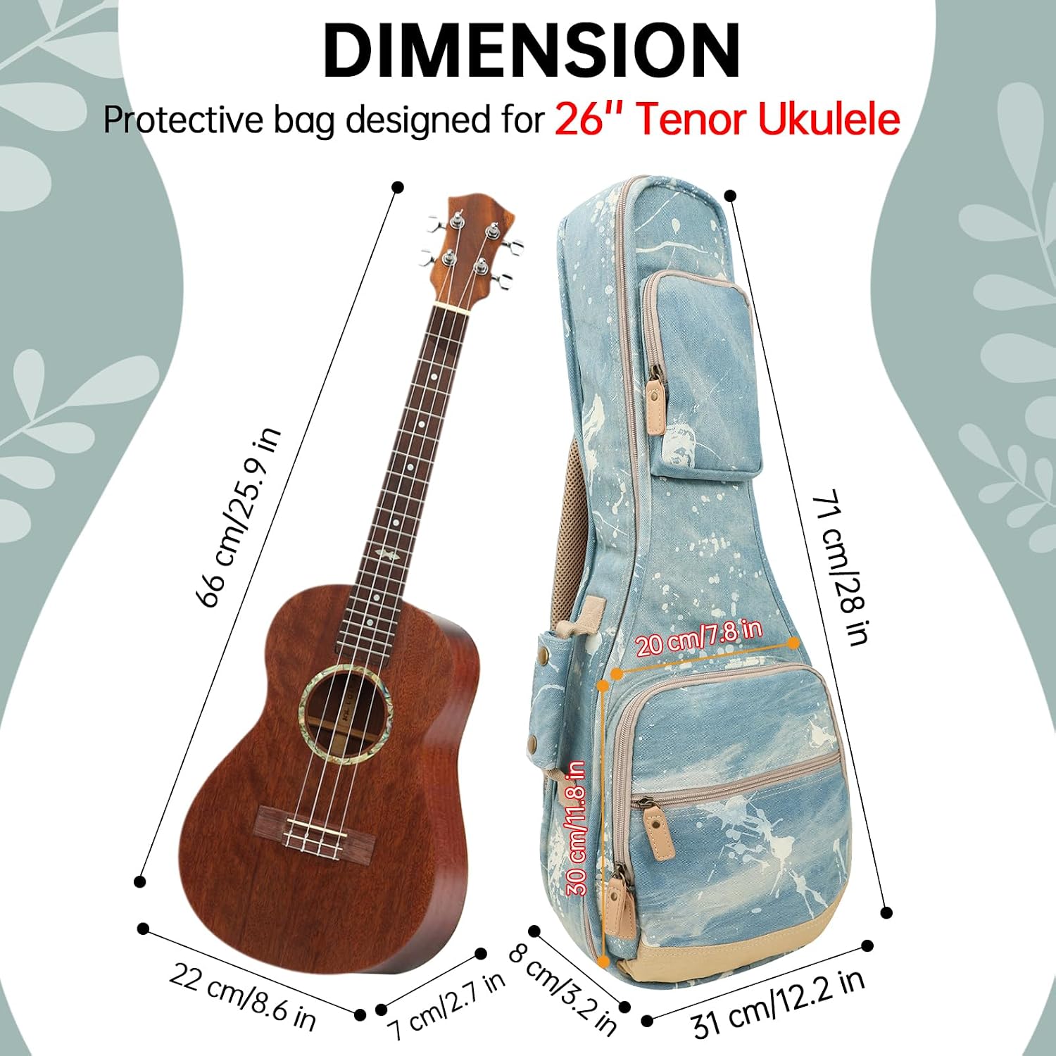 26’’ Ukulele Case Gig Bag Padded Durable Splash Paint Denim Custom Backpack for Tenor 26 inch Ukulele-Navy