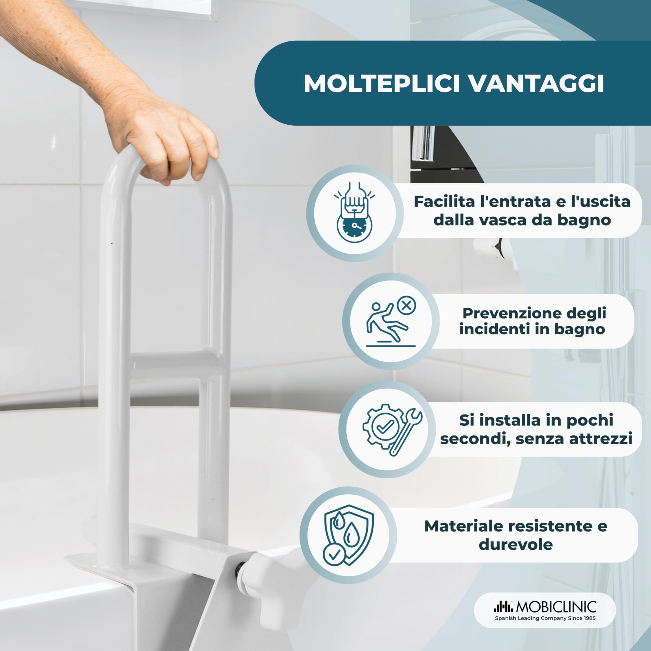 Mobiclinic®, Maniglia Accesso Vasca, Vasche da Bagno con Bordi Lisci (4,5-13,5 cm), Altezza Regolabile, Impugnatura Ergonomica, Max. 100 kg, Uso Clinico e Domestico, Sicuro e Funzionale, Mobibary