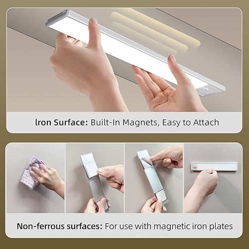 Miniatura 7 de Iluminación para debajo del gabinete, paquete de 4 luces con sensor de movimiento para interiores, luces magnéticas inalámbricas recargables por Luz