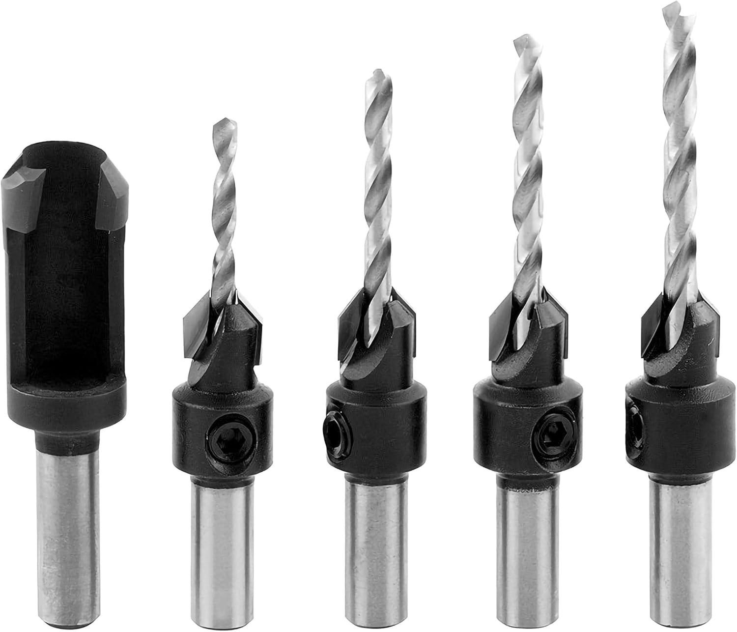 Amana Tool Carbide Tipped Countersink with High-Speed-Steel Bit and Plug Cutter, 5-Piece Set, PS-500, 1/8, 9/64, 5/32, 11/64 Drill Diameter