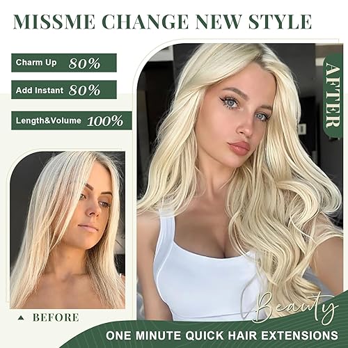 Miniatura 3 de Extensiones de cabello humano real con pinzas, 18 pulgadas, 4.23 onzas, 7 unidades, sin costuras, 16 clips, 100% cabello humano rubio platino real