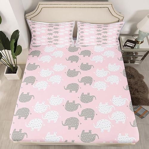 Castle Fairy Sábana bajera ajustable Kawaii de tamaño matrimonial, diseño de elefante blanco y gris, suave juego de ropa de cama de lujo con diseño