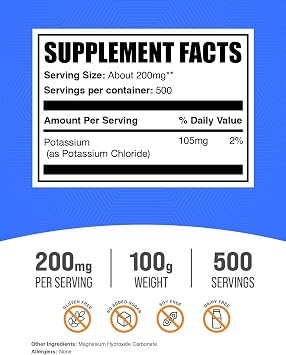 Potassium Chloride Powder - Salt Substitute, Potassium Salt - Gluten Free, 200mg per Serving, 100g (3.5 oz) (Pack of 1)