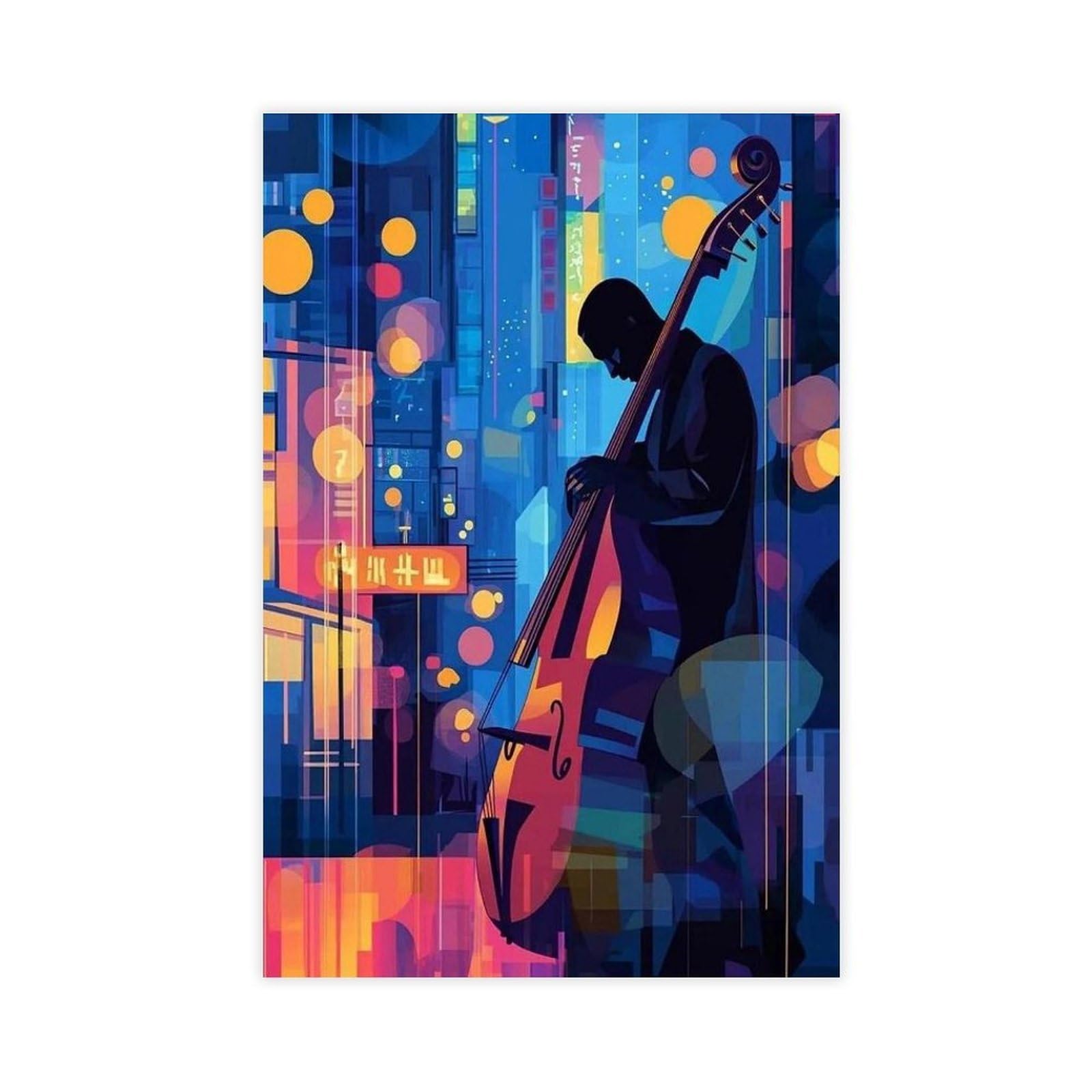 Stampa artistica da parete con motivo bassista jazz e musica al neon, decorazione artistica da parete per soggiorno e camera da letto, 60 x 90 cm