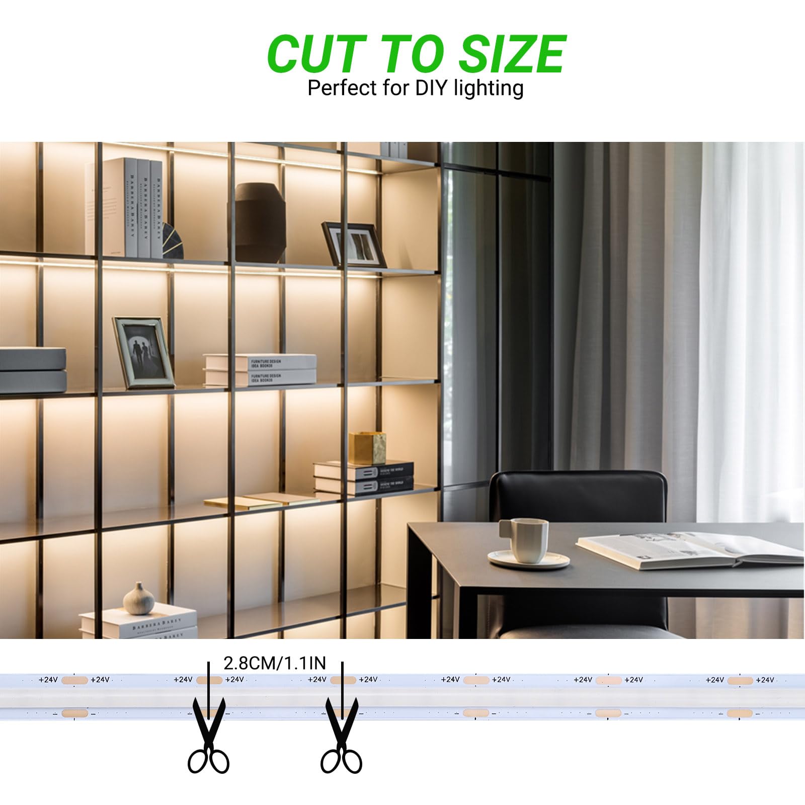 JOYLIT Striscia LED COB 24V 5M 3000K Bianco Caldo 2200LM/M Alta Luminosità, UL CE PRO 288LEDs/M CRI 92+ 19W/M 10MM Bianca Luce Adesiva Strip LED Per Domestico Commerciale (Alimentazione Non Inclusa)