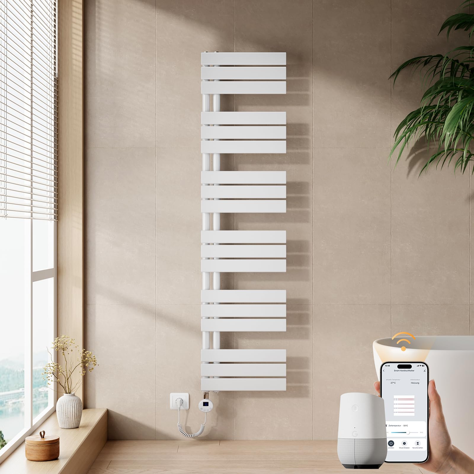 EMKE Seche Serviette Electrique 1599 x 400 mm,Blanc,WiFi,800 W | Porte-Serviettes Chauffant avec WiFi Thermostat, Chauffe Serviette Salle de Bain,Sèche Serviette électrique