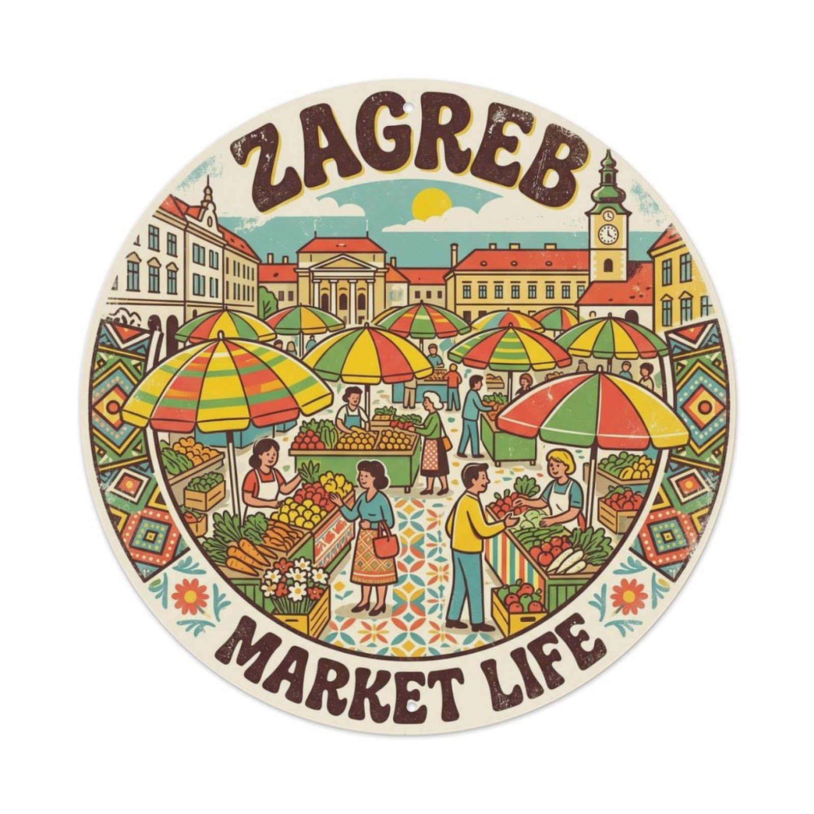 Vintage Travel Market Zagreb Croatia Metal Tin Sign Plaque Wall Decor for Cafe, Club Bar, Office, Home Garden Round Metal Poster 8x8Inch
