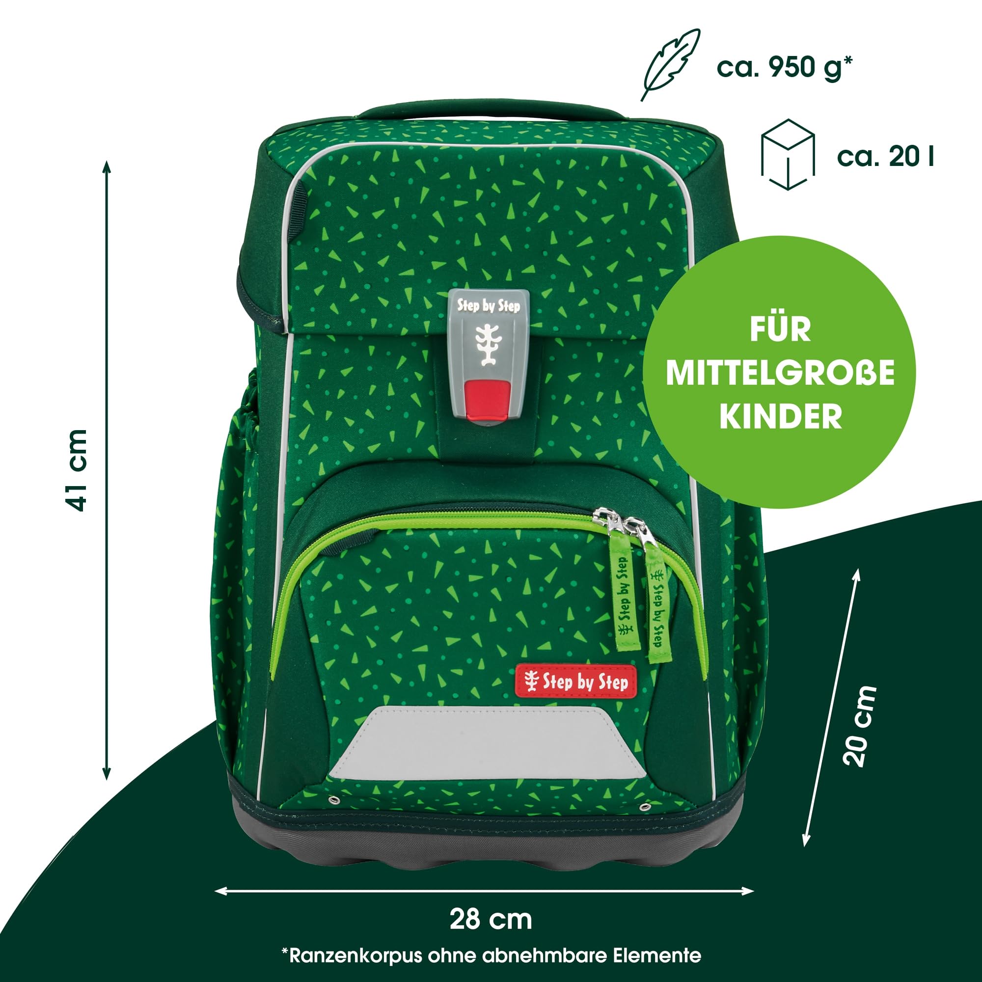 Step by Step Basis Schulranzen-Set „Green Graphics“, 4-teilig, grün, ergonomischer Tornister mit Reflektoren, Hüft- und Brustgurt, für Kinder ab der 1. Klasse, 20 Liter