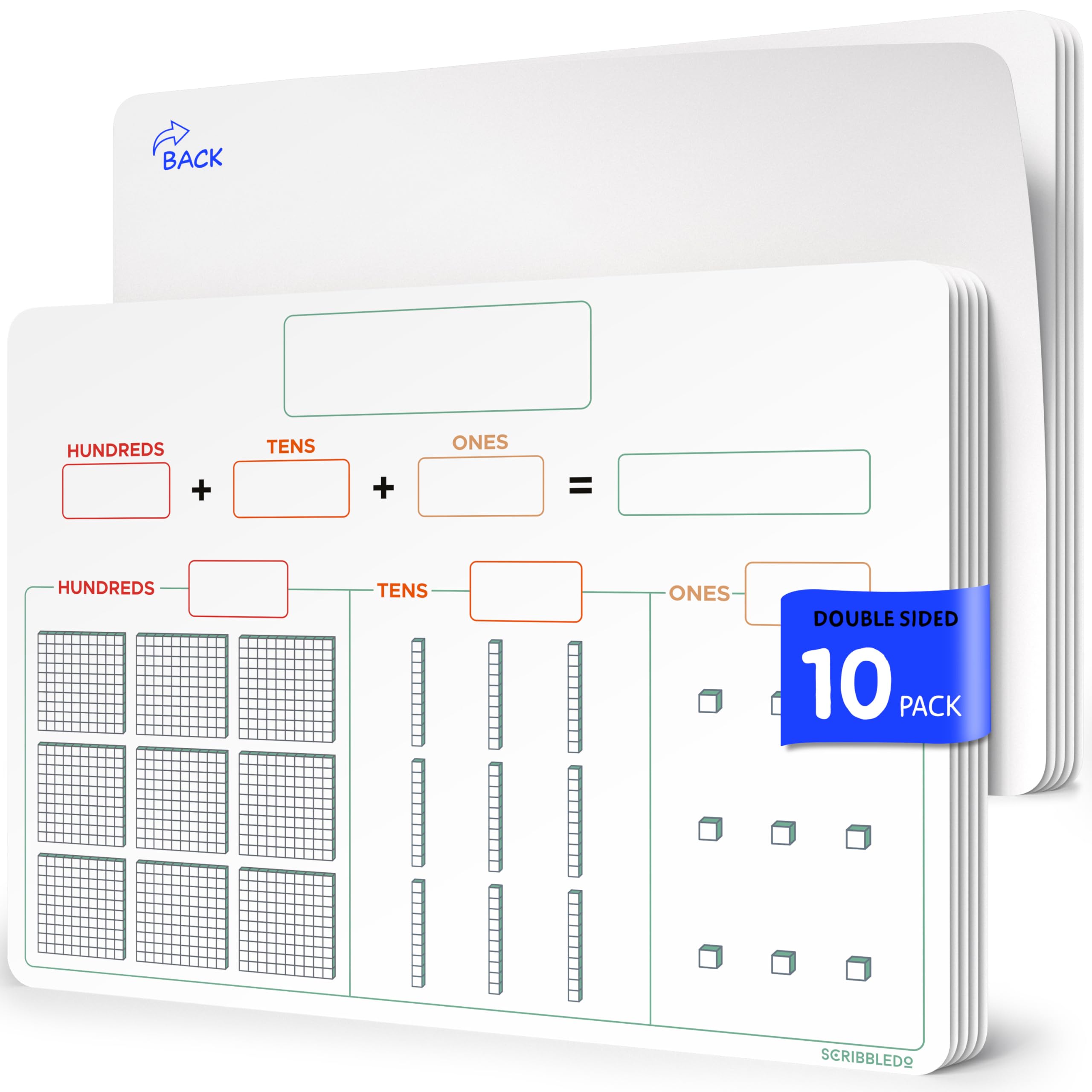 ScribbledoBase Ten Blocks 9”x12” Small White Board Dry Erase Sheets Math Manipulatives Place Value Number Blocks Math Supplies Teacher Students Classroom Pack of 10 Sheets