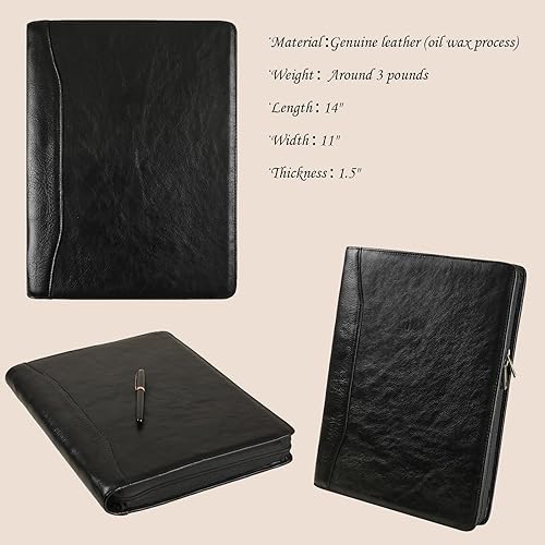Miniatura 4 de Cartera de cuero genuino, organizador de padfolio de 11 x 14 pulgadas con cremallera, cartera profesional de negocios para hombres y mujeres,