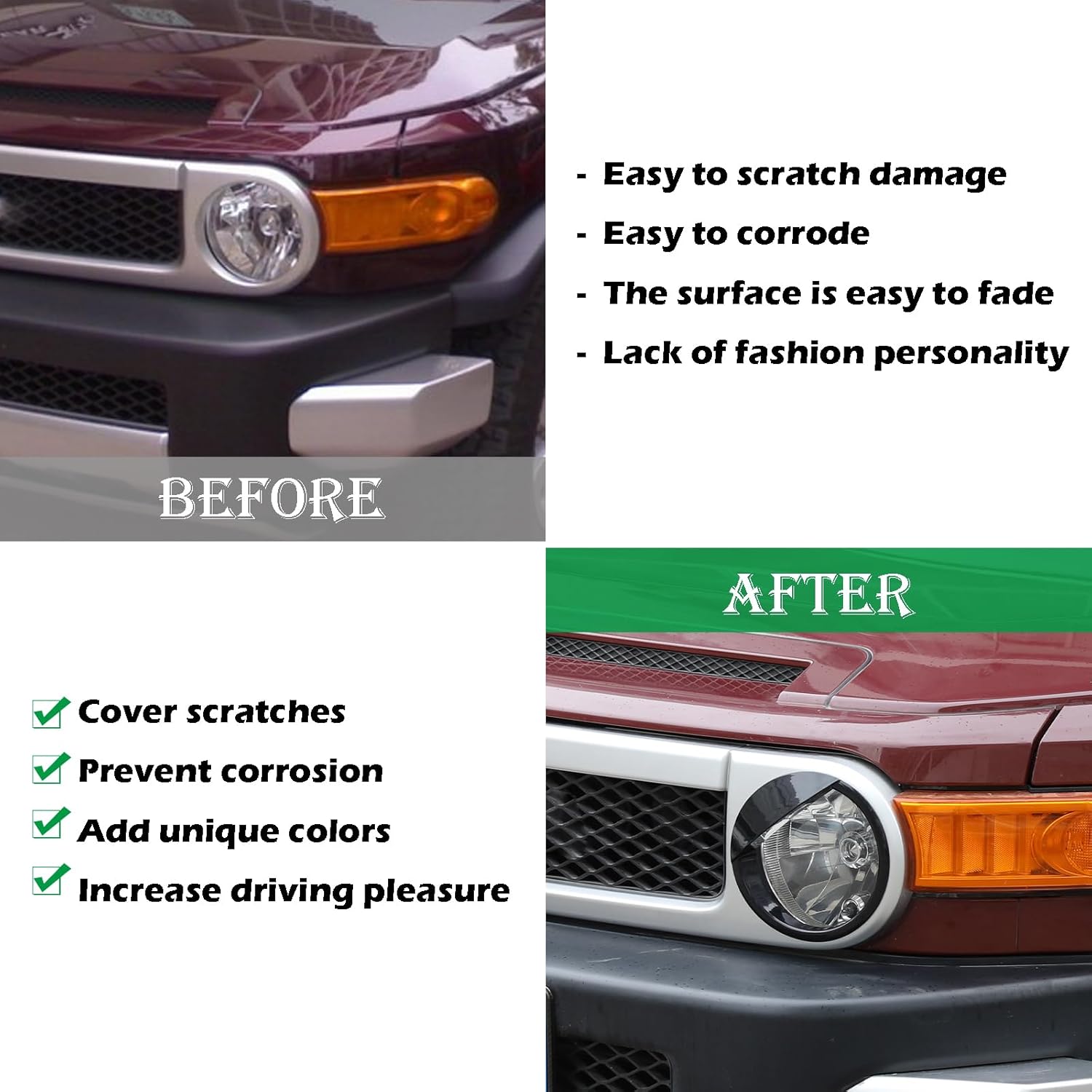 LLKUANG Car Headlight Panel Frame Compatible with Toyota FJ Cruiser 2007-2021 Front Light Headlight Cover Angry Eyes Style Automobile Headlight Bezels Trim Accessories 2PCS (Black)