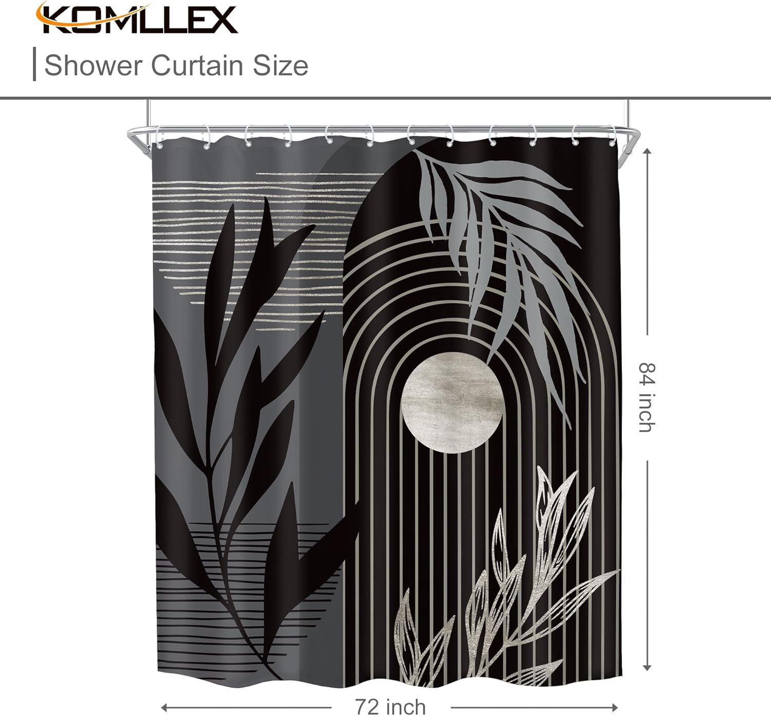 KOMLLEX Black Grey Boho Shower Curtain for Bathroom Decor 72Wx84H Inches Extra Long Bohemian Mid Century Abstract Palm Leaves Plant Botanical Fabric Waterproof Polyester 12 Pack Hooks
