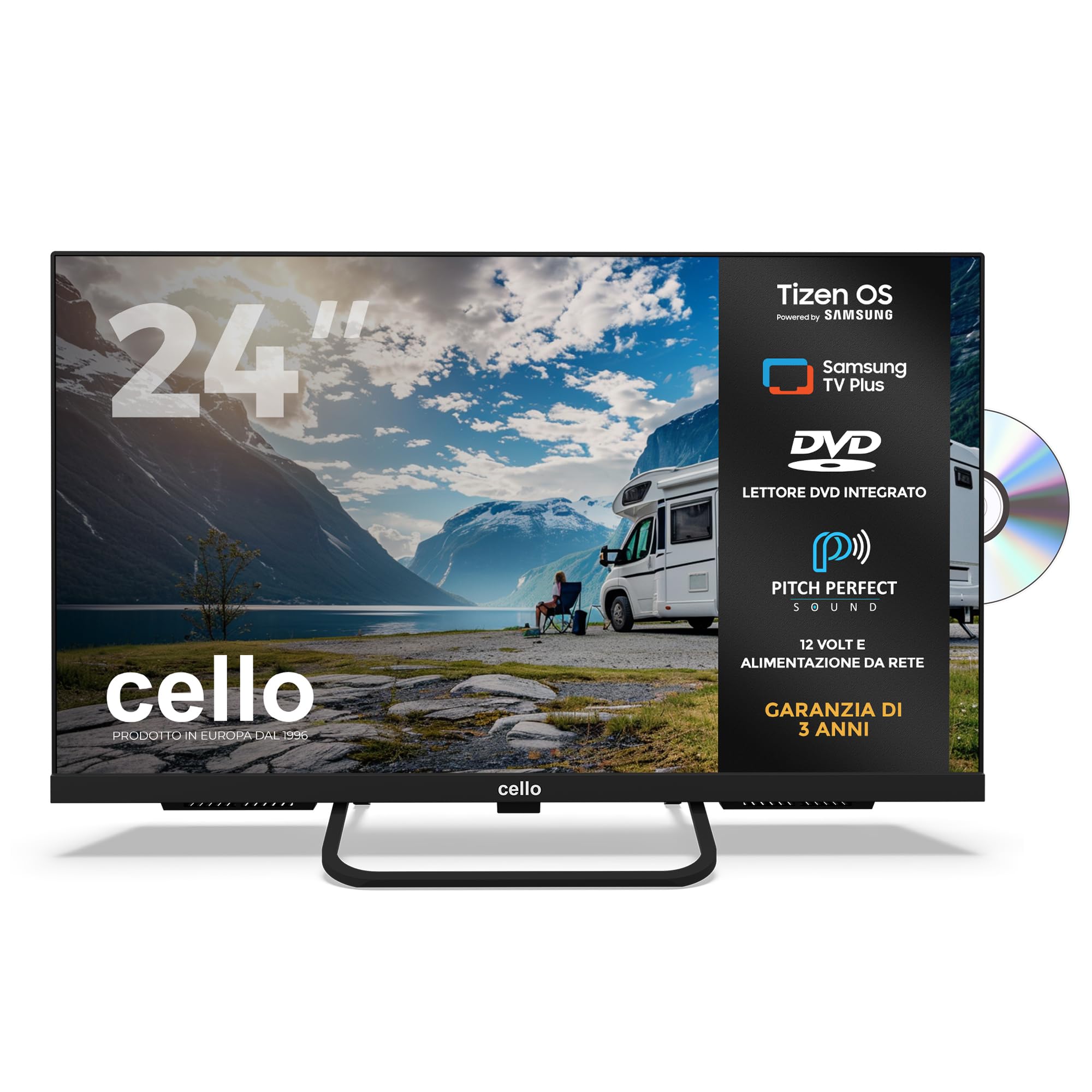 Cello CTRAV-24TZF Smart TV LED 24" 12V con lettore DVD per camper e campeggio, Tizen OS di Samsung, Gaming Hub, altoparlanti Pitch Perfect, Bluetooth, triplo sintonizzatore