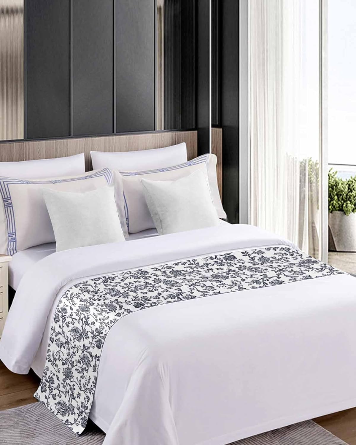Dark Blue Flowers Bed Runner for Full/Queen Size, Pastoral Vintage Farmhouse Leaf Spring Bedspread Protector Slipcover Bed Scarf for Foot Runners & Scarves for Bedroom Hotel Wedding Room 83x20 Inches
