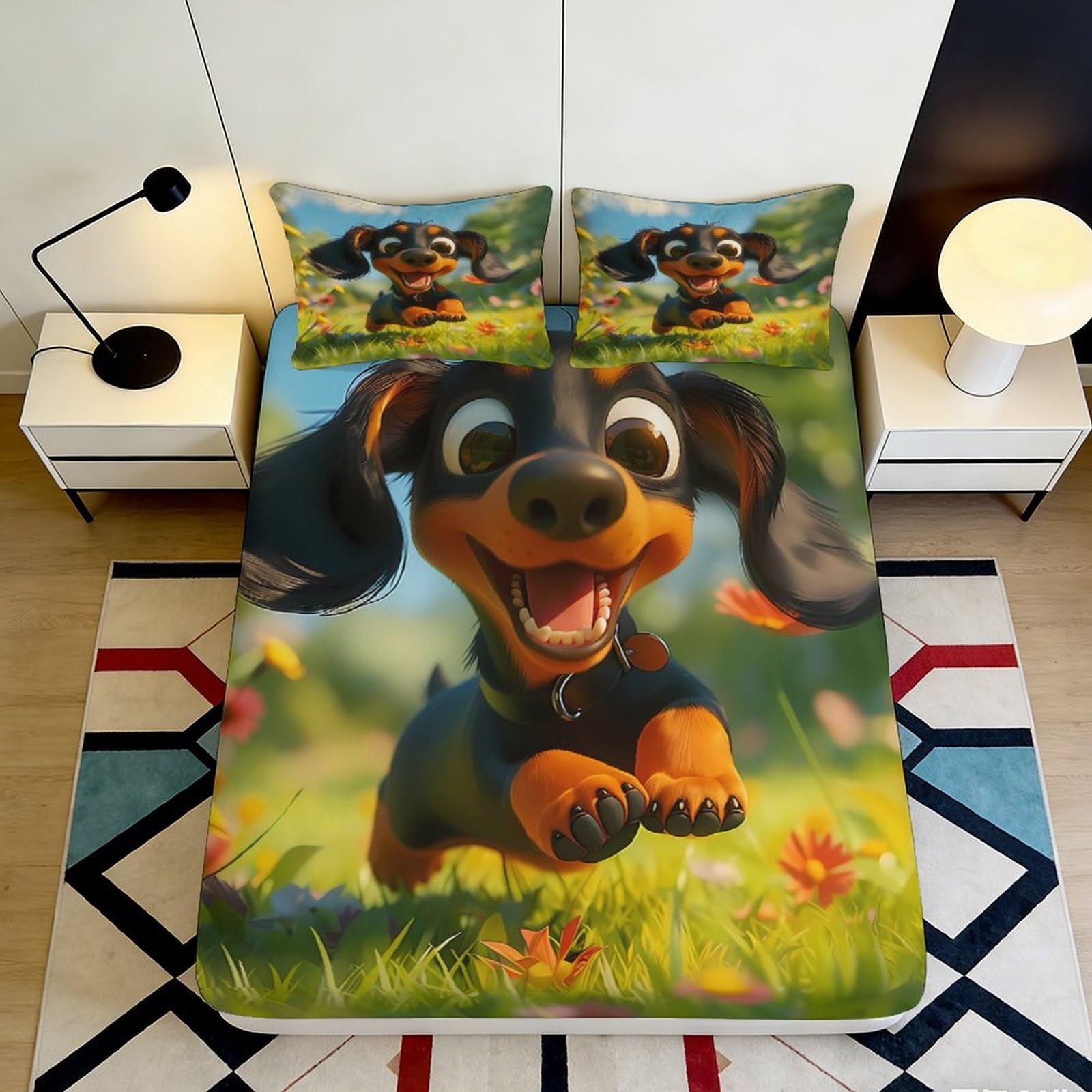 3D Printed Happy Puppy Fitted Sheet Microfiber Soft Breathable Cartoon Dog Bed Cover for Bedroom Dormitory Guest Room Mattress Protection Decoration 140x200x25cm