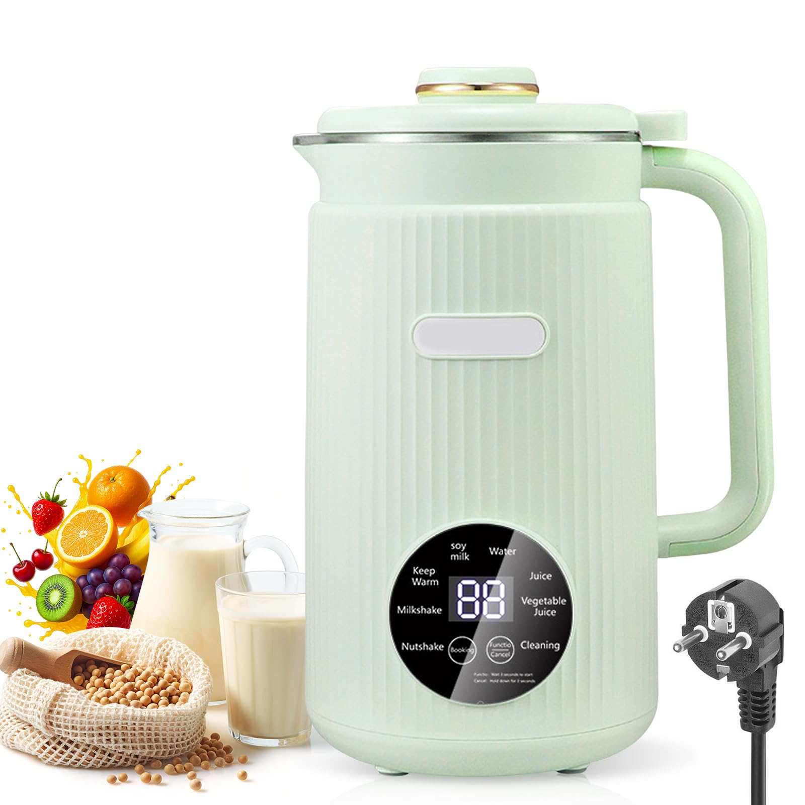 Machine à lait de soja 8 en 1 - 1200 ml - Machine à lait d'amande automatique avec 12 lames pour lait végétal fait maison, avoine, soja - 12 lames avec minuterie, fonction de maintien au chaud (vert)