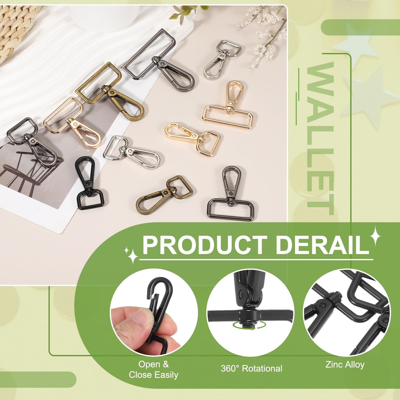 YELARXI Swivel Snap Hooks, Metal D Ring Keychain Lanyard Clip Hook Lobster Clasp Claw Push Gate Clip - Image 3