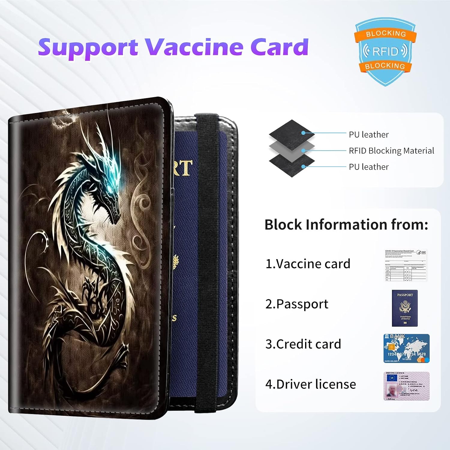 Passport and Vaccine Card Holder Combo, Leather Travel Wallet Passport Holder, Cover Case with CDC Vaccination Card Slot, Travel Documents Organizer Protector for Men Women,Dragon