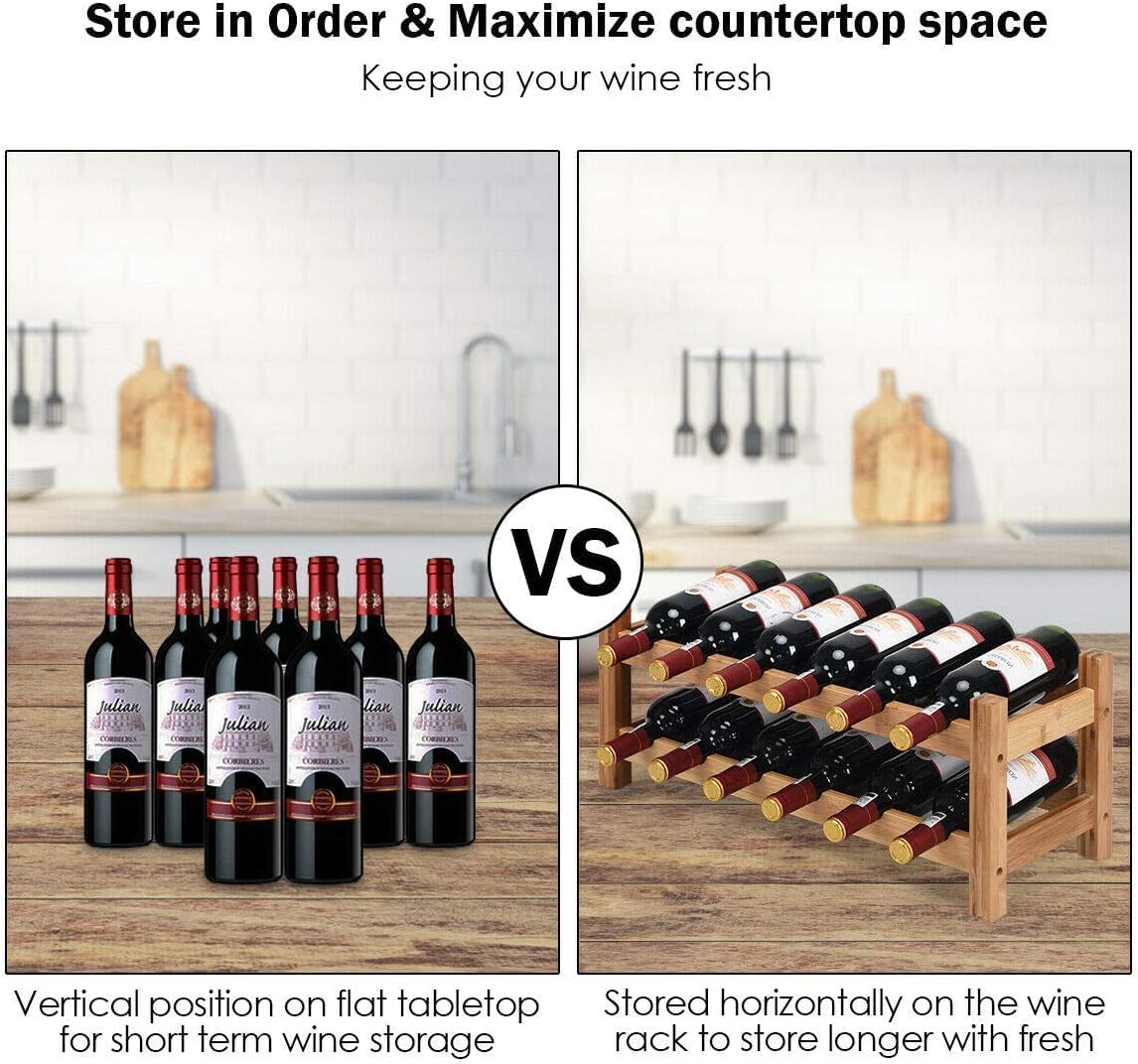 esmen Bamboo Wine Rack Wine Rack 12 Bottles 2-Tier Wine Display Rack Multi-Layer Wine Cabinet Free Standing Wine Storage Holder for Home Kitchen Bar Wine Storage Cabinet Shelf
