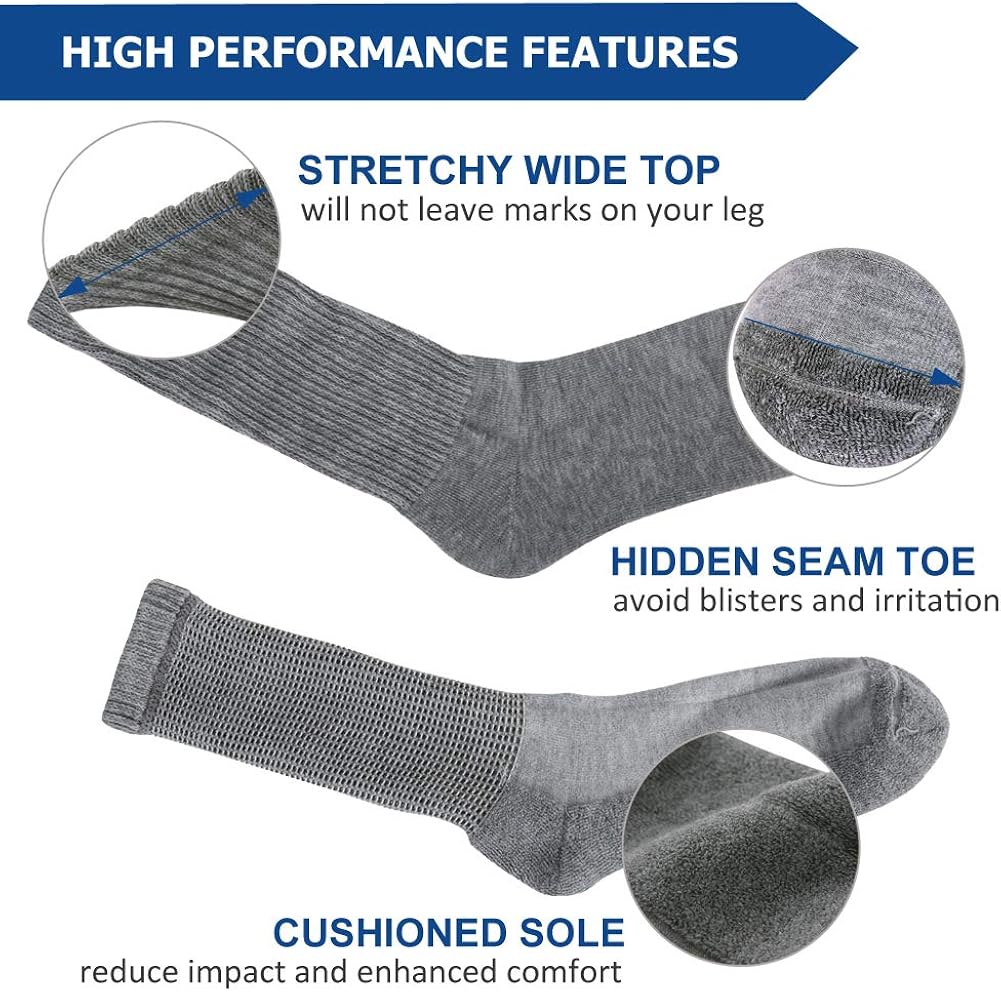 Winter Warm Diabetic Socks,FOOTPLUS Men Women Non Binding Cuff Loose Top Smooth Toe Pregnancy Dress Socks,Wide Socks,4 Pairs White Crew, L/XL : Health & Household