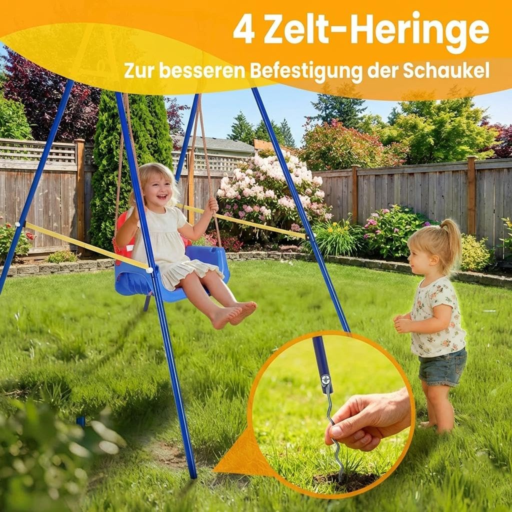 4-in-1 Kinderschaukel Babyschaukel mit Basketballkorb, zusammenklappbar, sicherer Metallrahmen Schaukelgestell, Sicherheitsgurt, Indoor & Outdoor, ab 6 Monaten