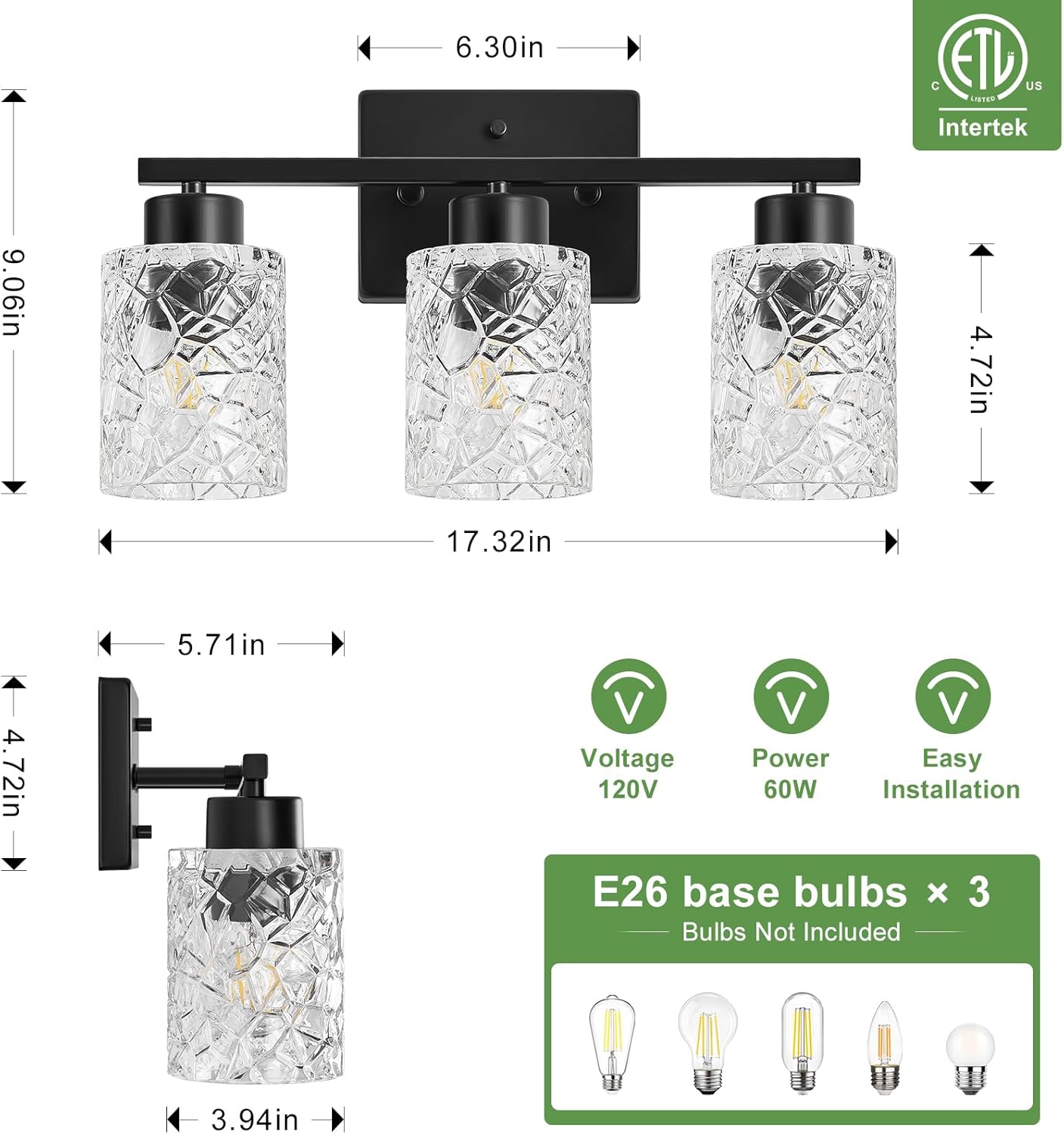 Black Bathroom Light Fixtures, 3-Light Modern Bathroom Vanity Wall Light, Vanity Lights for Mirror, Wall Sconces with Clear Textured Glass (E26 Socket, Bulbs Not Included)