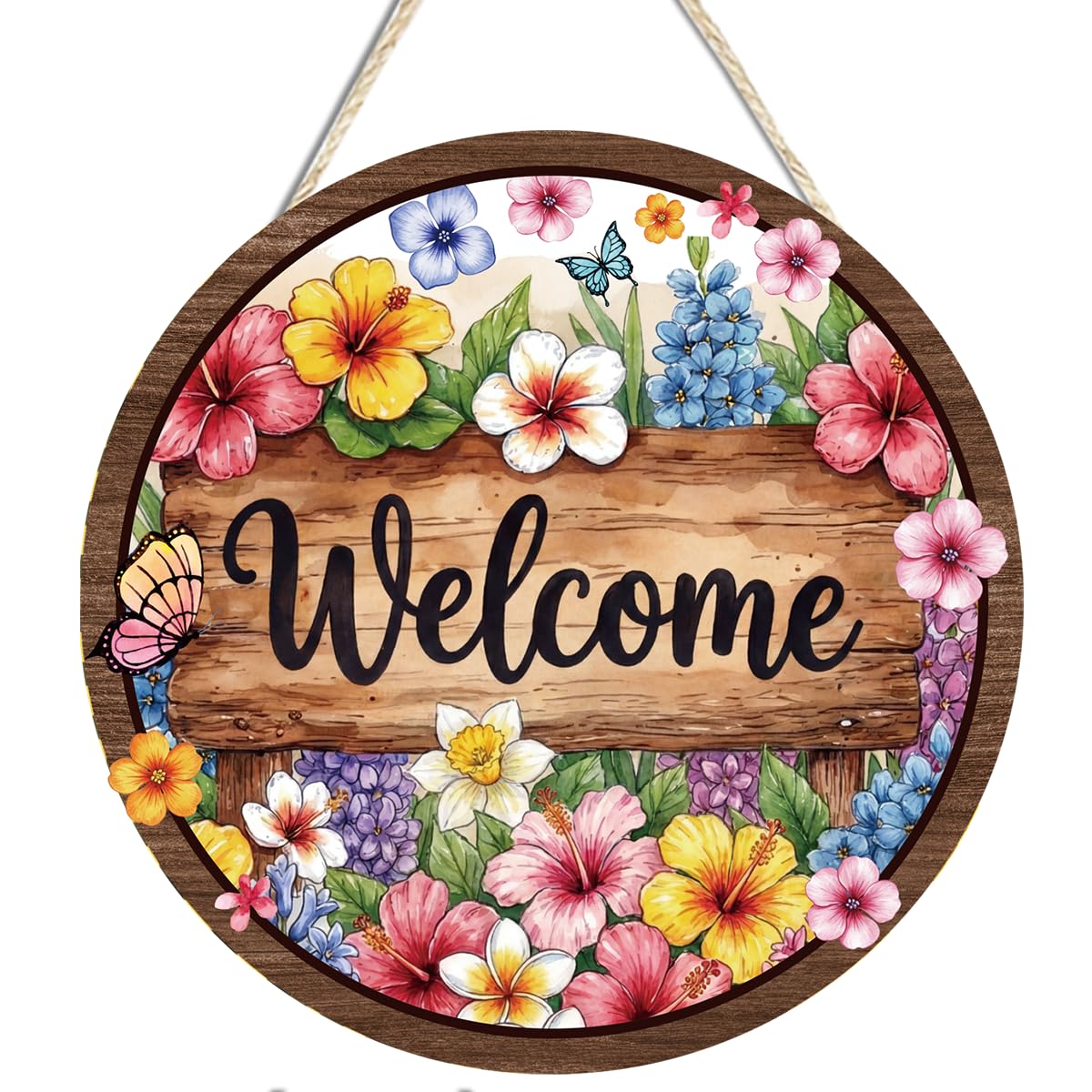 Floral Metal Welcome Hanging Sign for Front Door Wall Decor | Vibrant Clolorful Floral Design/For Home Porch Farmhouse/Ready To Hang/12 × 12 inches