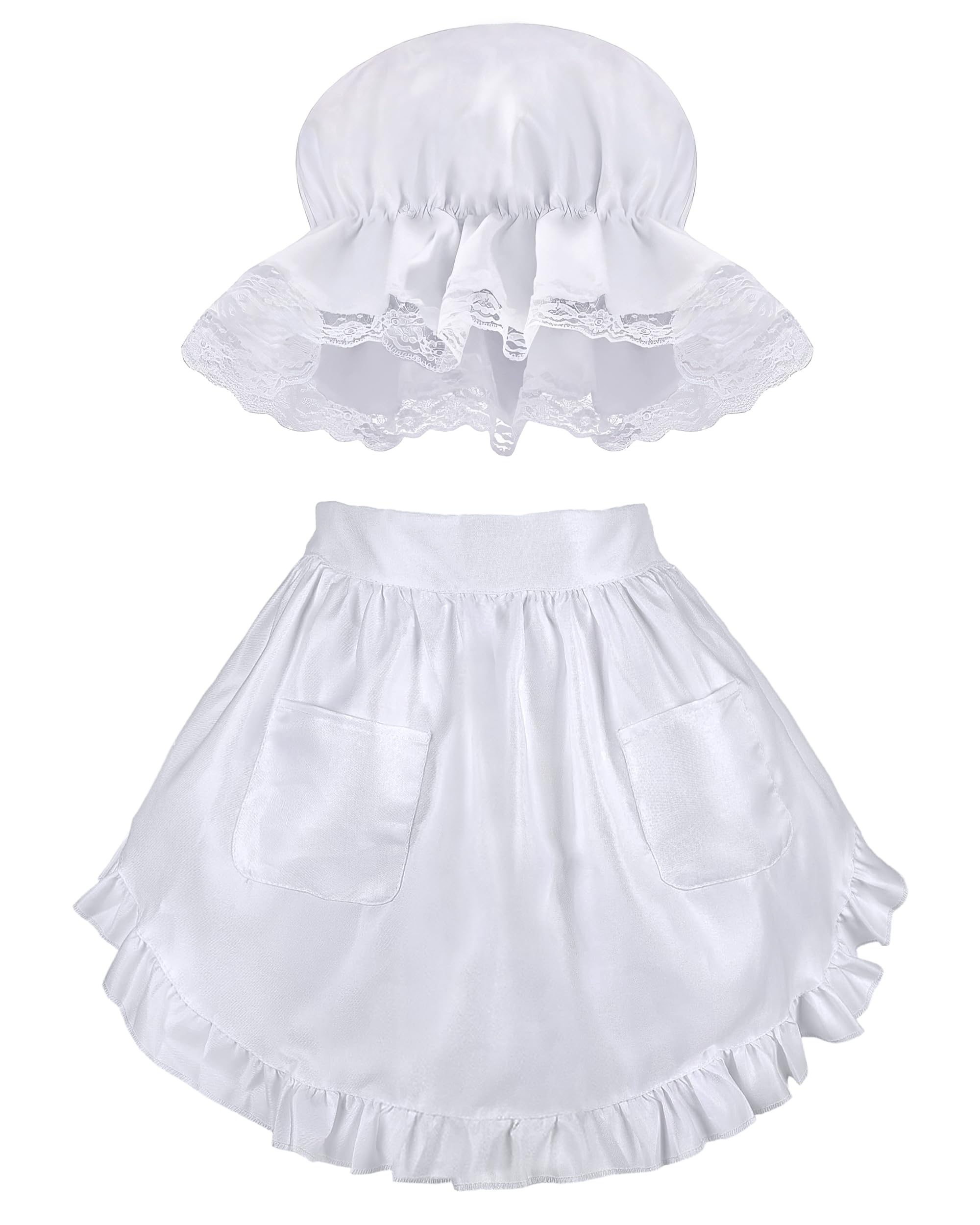 Horolam Colonial Set for Women Victorian Mop Hat with Lace Trim Ruffle Waist Apron for Maid Girls Women for Halloween Cosplay